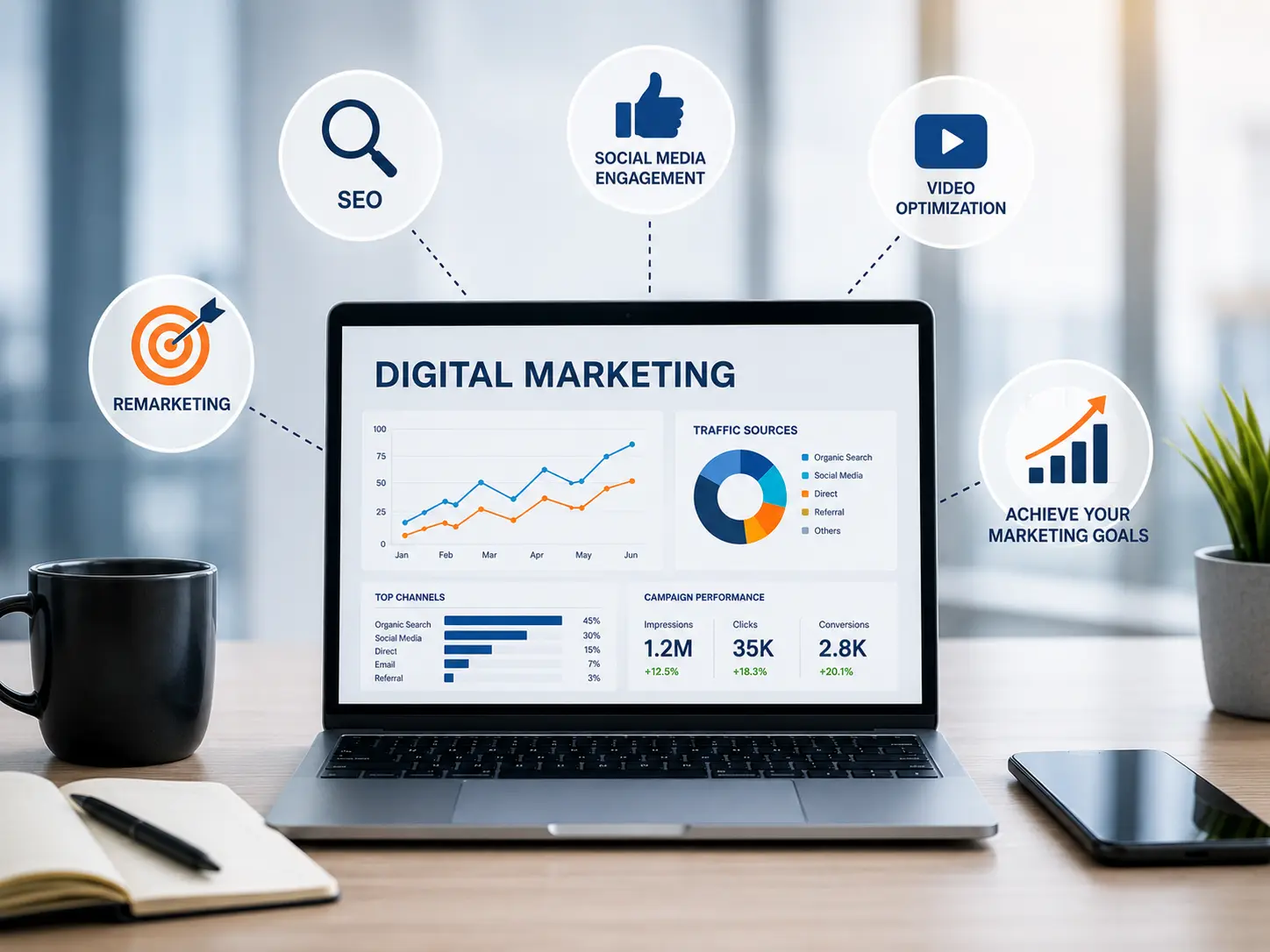 Digital marketing dashboard with SEO, social and campaign performance